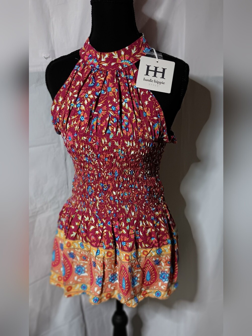 Haute Hippie Magenta/BlueGold Floral Halter Smocked Top w/ Yellow Paisley Hem